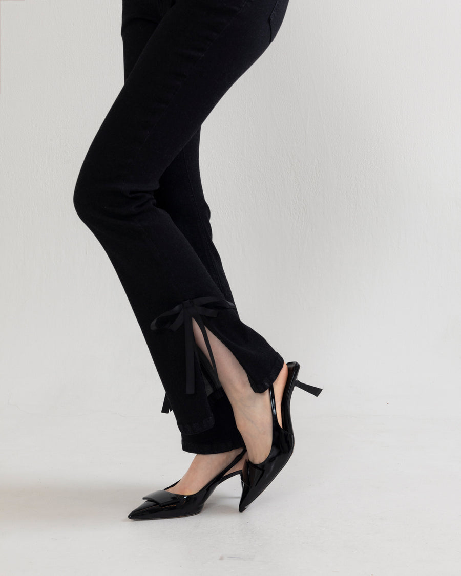 【BEST SELLER】side slit denim ribbon pants