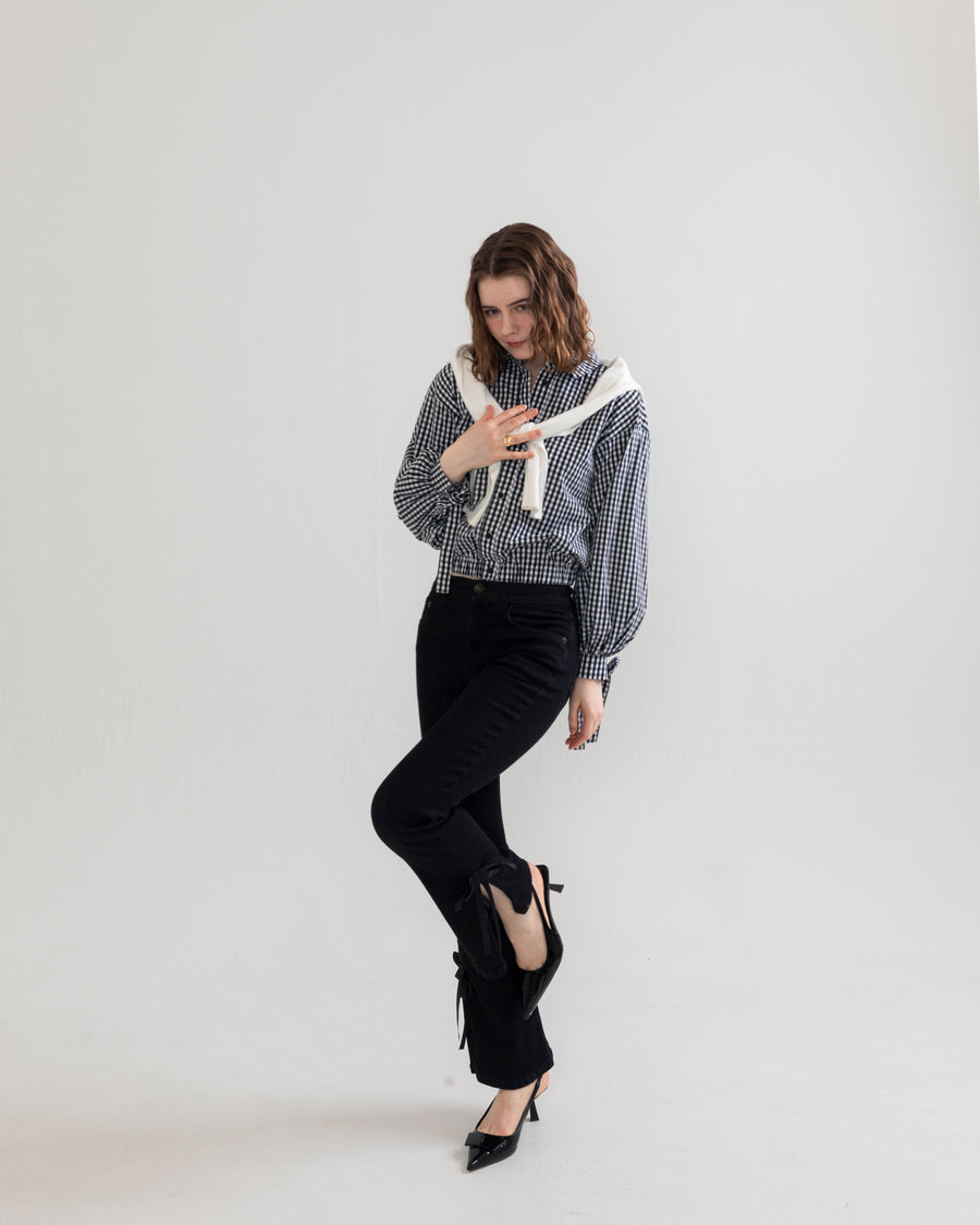 【BEST SELLER】side slit denim ribbon pants
