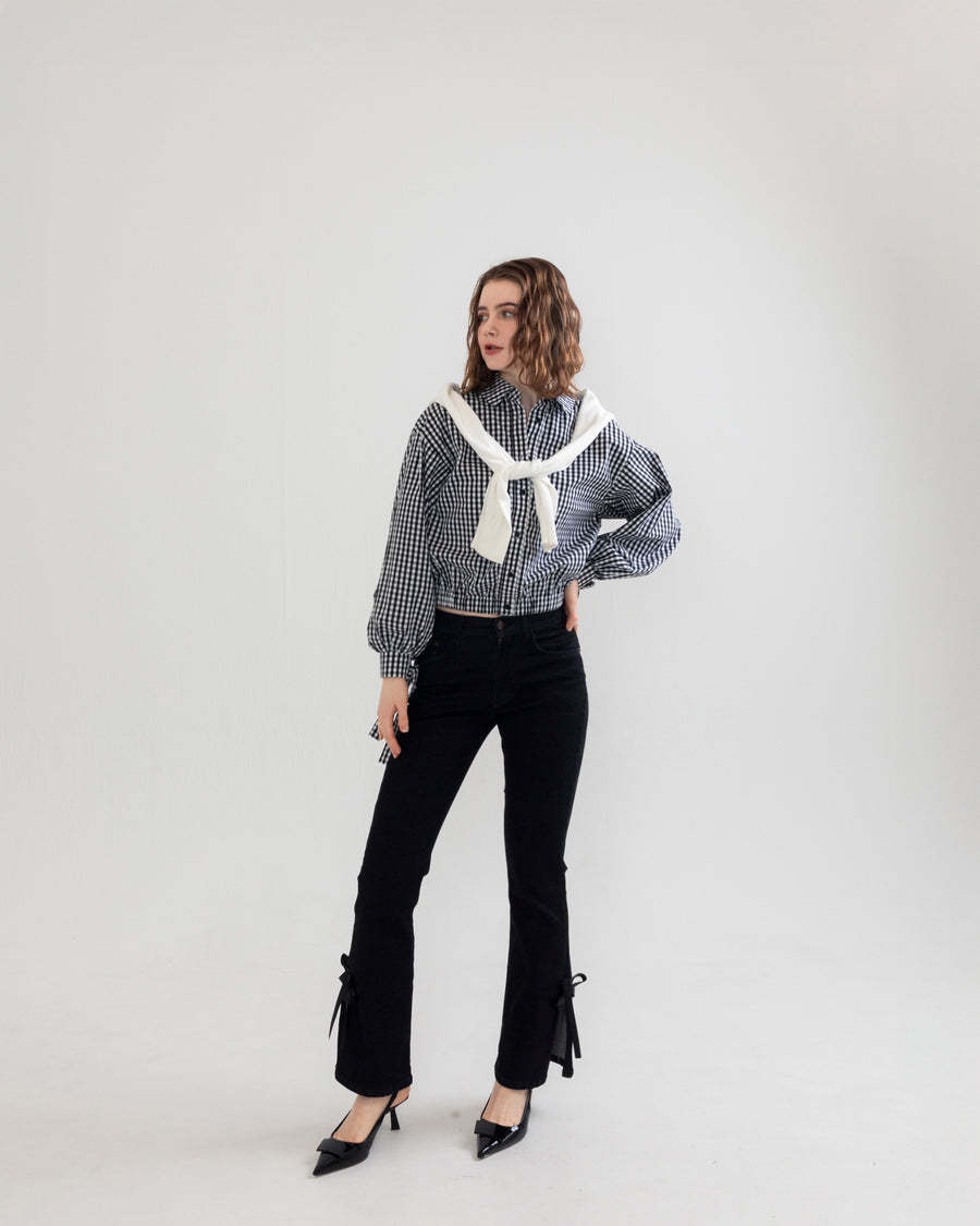 【BEST SELLER】side slit denim ribbon pants