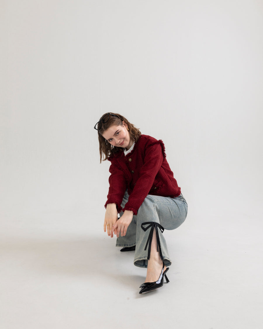 【BEST SELLER】side slit denim ribbon pants