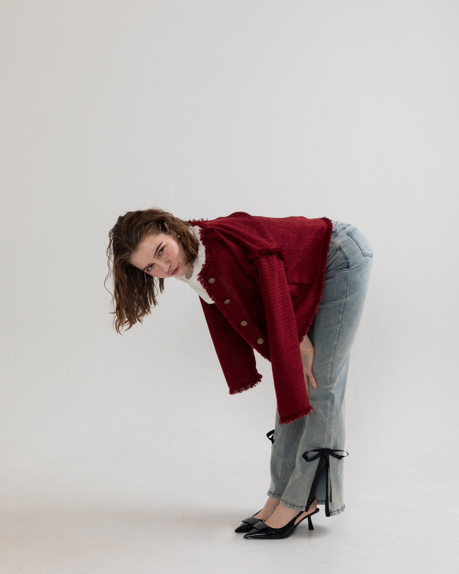 【BEST SELLER】side slit denim ribbon pants