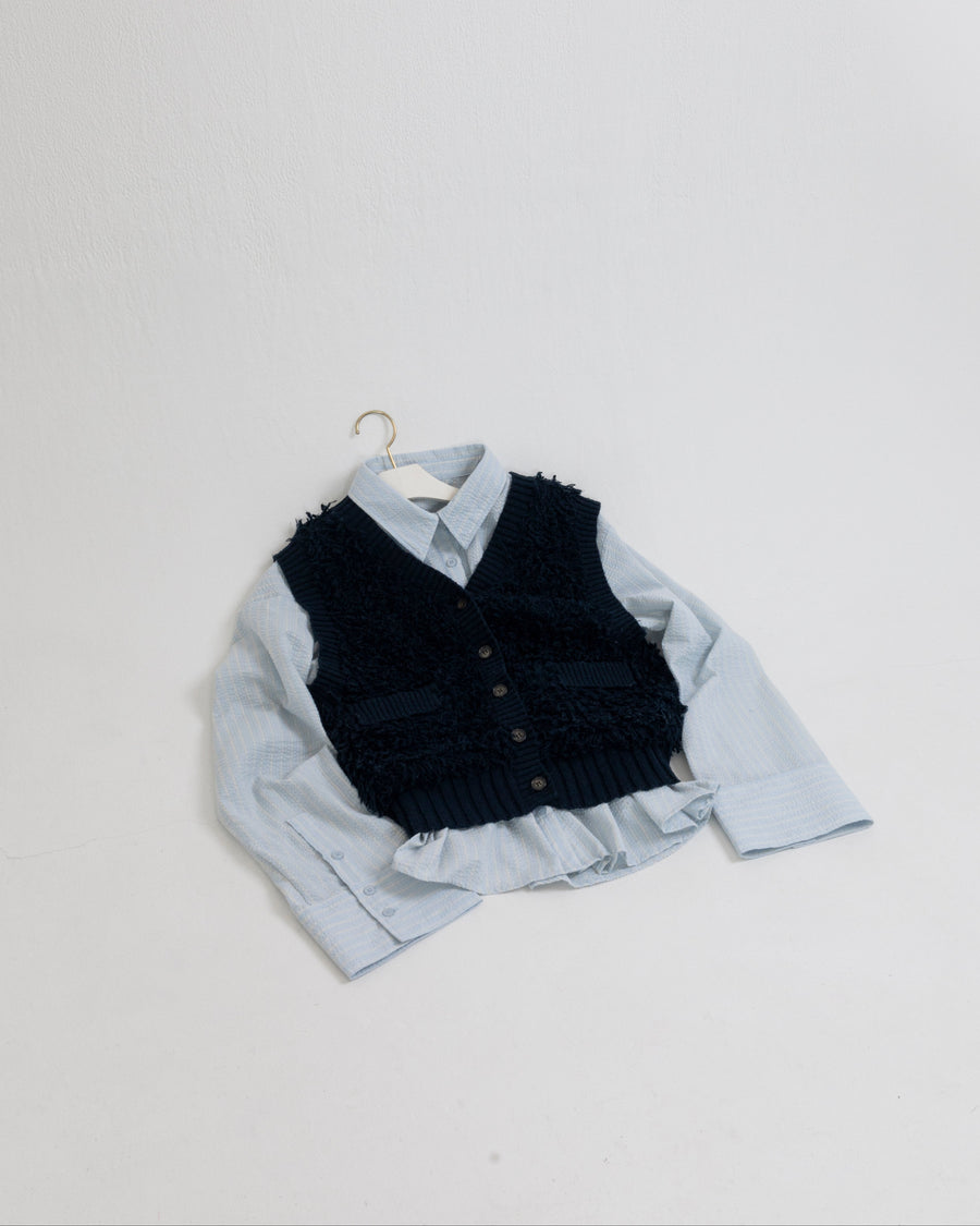 【SET】loop yarn knit gilet + shirring wide sleeve shirt