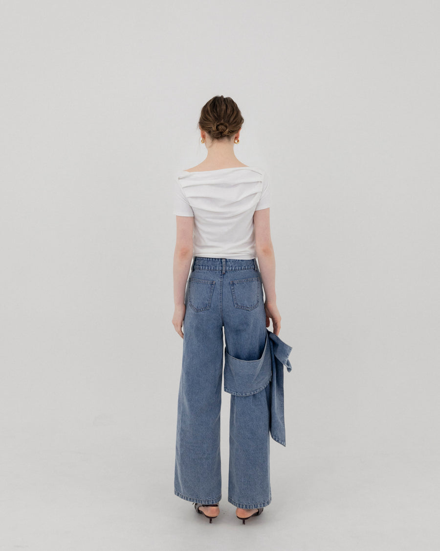 【BEST SELLER】Asymmetric ribbon denim pants
