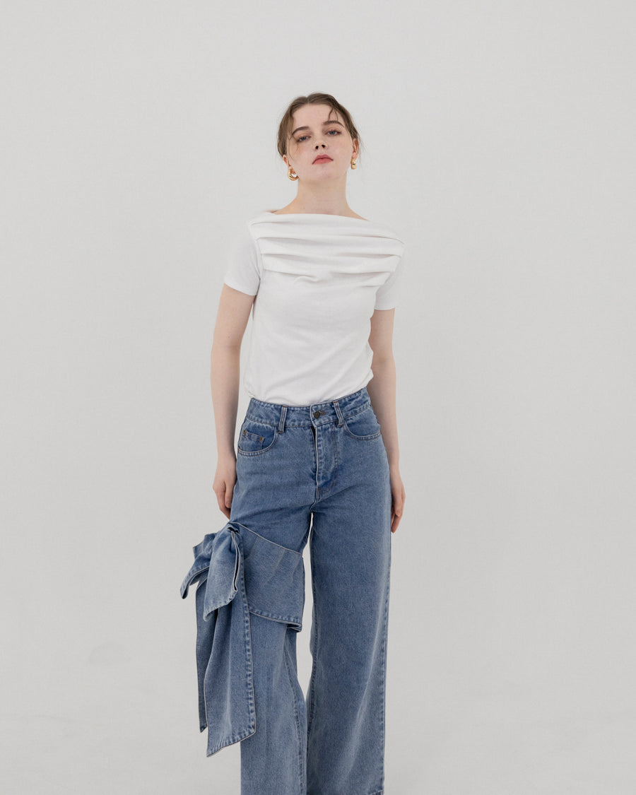 【BEST SELLER】Asymmetric ribbon denim pants