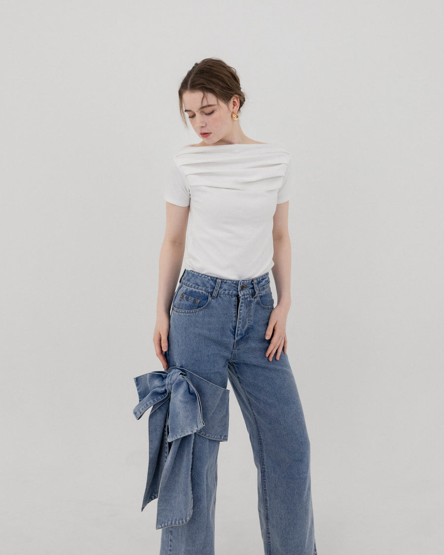 【BEST SELLER】Asymmetric ribbon denim pants