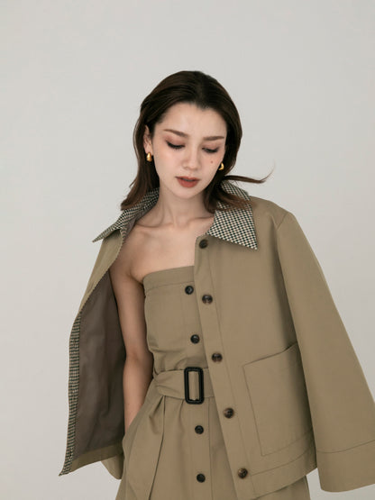checkered collar trench jacket