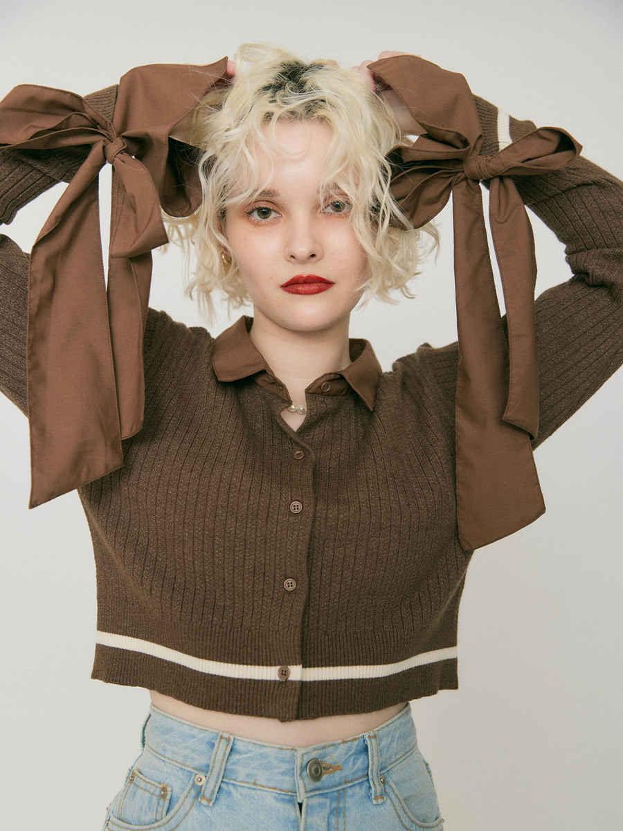 Ribbon tie cropped cardigan – RANCLIC Ribbon tie cropped cardigan – RANCLIC