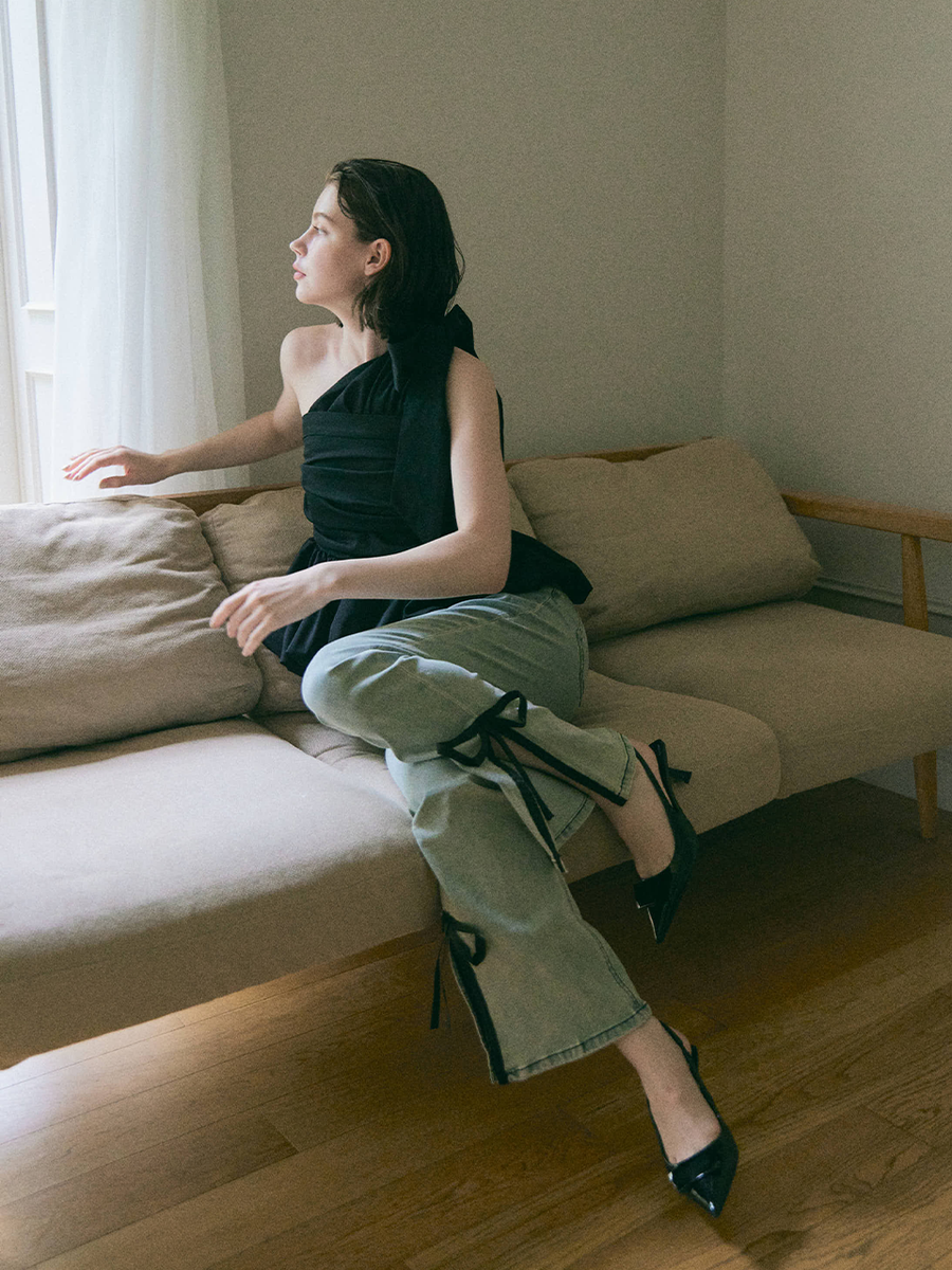 【予約販売】side slit denim ribbon pants
