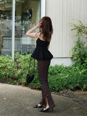 side slit denim ribbon pants