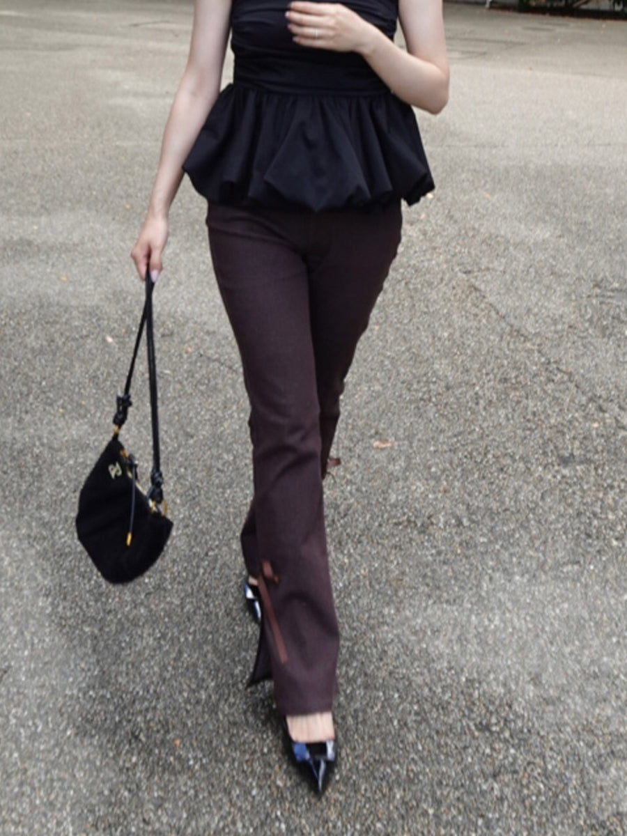 side slit denim ribbon pants