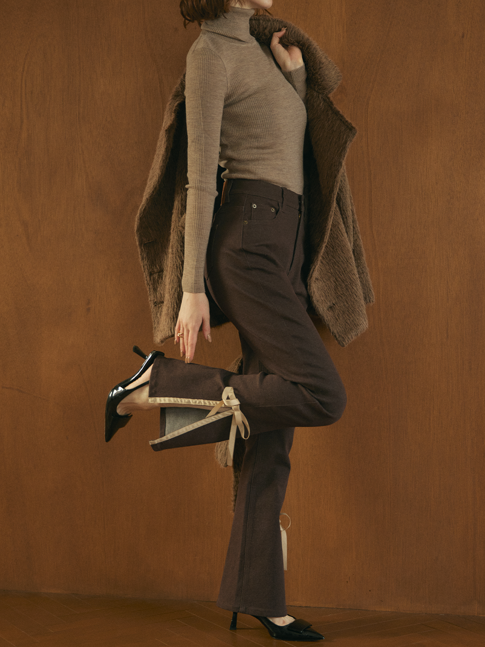 【Best Seller】side slit denim ribbon pants