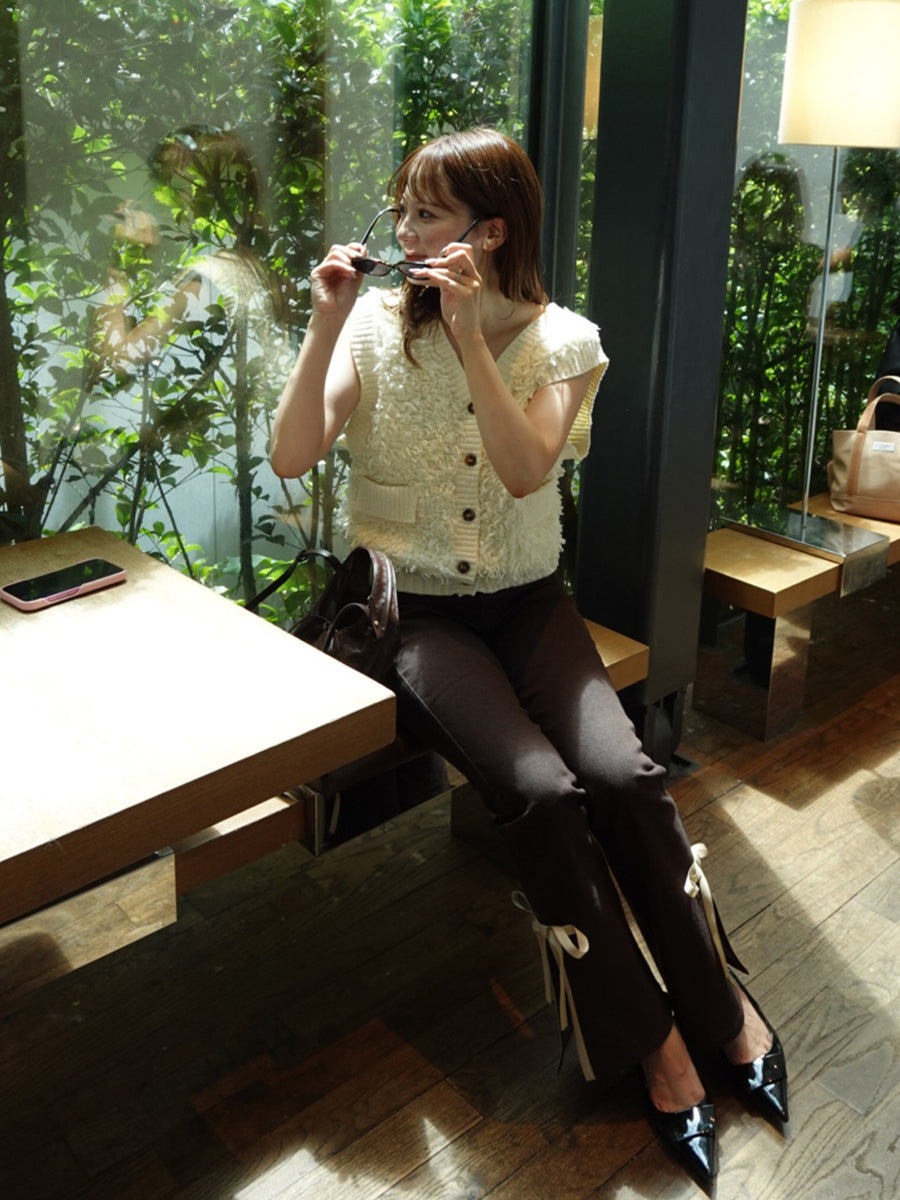 side slit denim ribbon pants