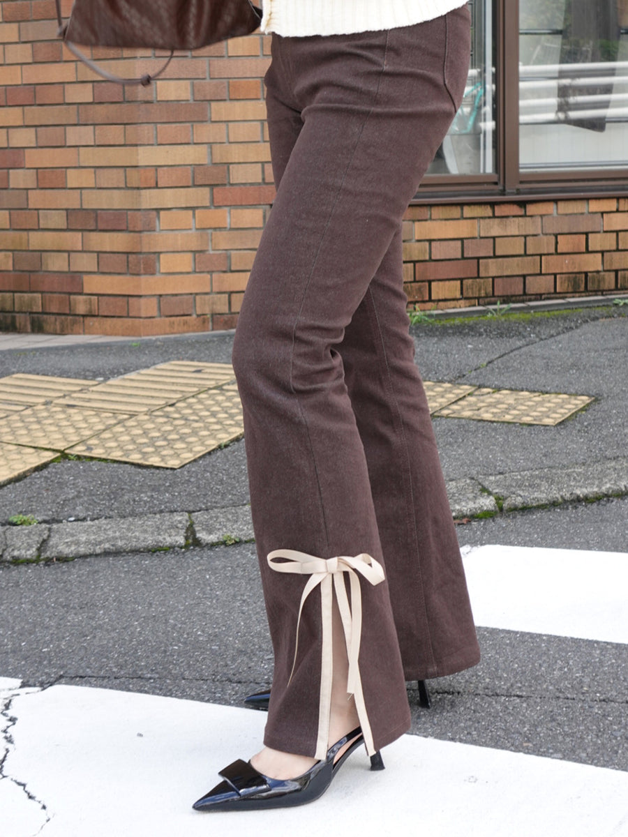 side slit denim ribbon pants
