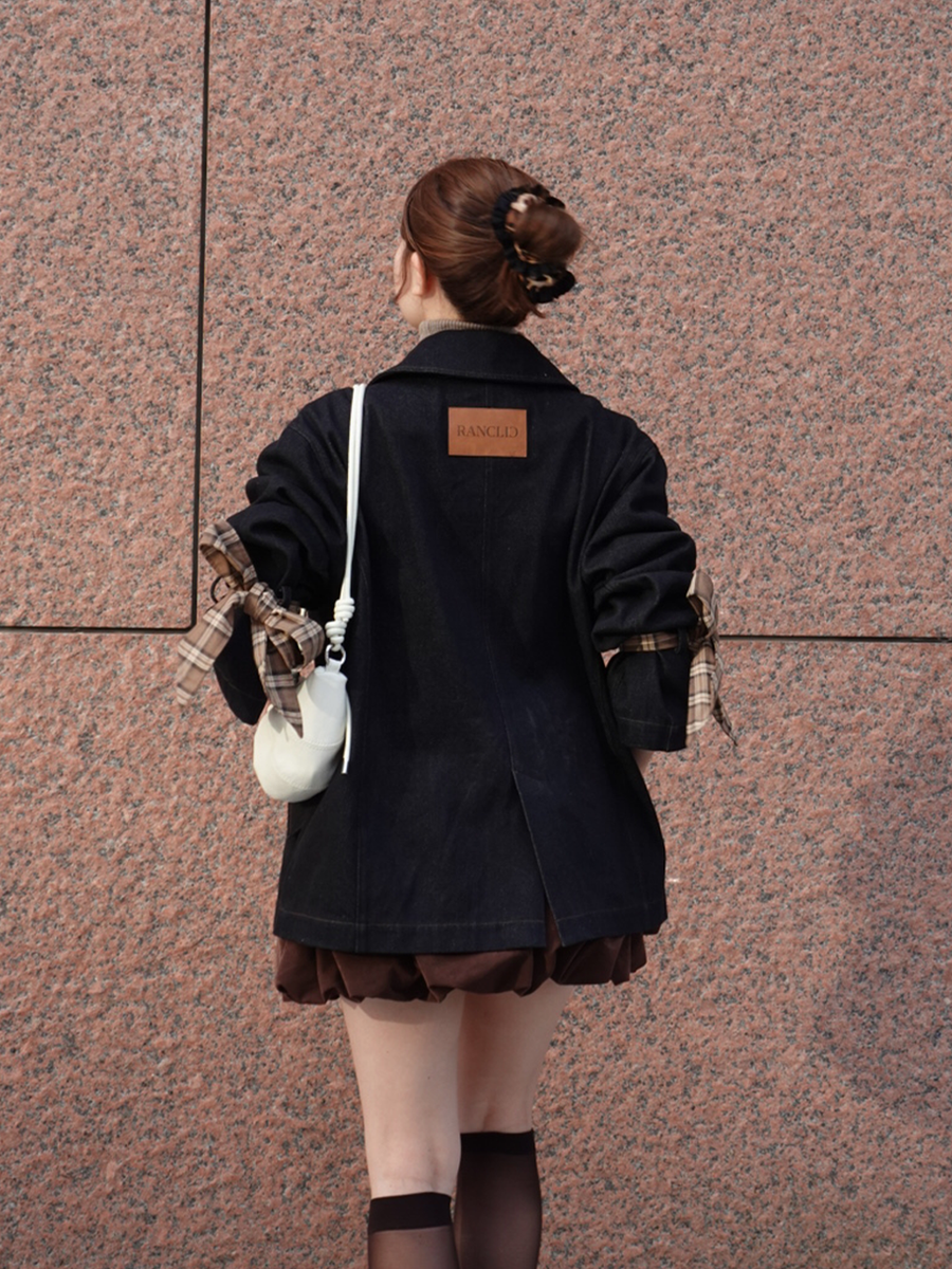 Check ribbon denim jacket