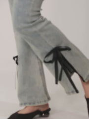 【BEST SELLER】side slit denim ribbon pants