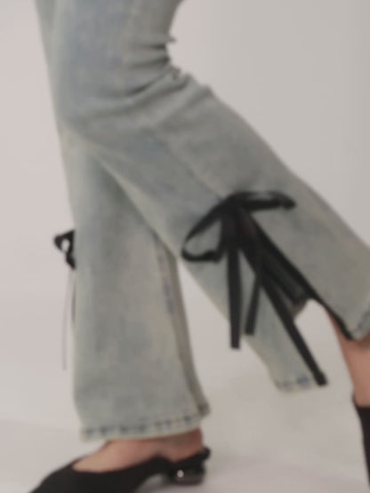 side slit denim ribbon pants