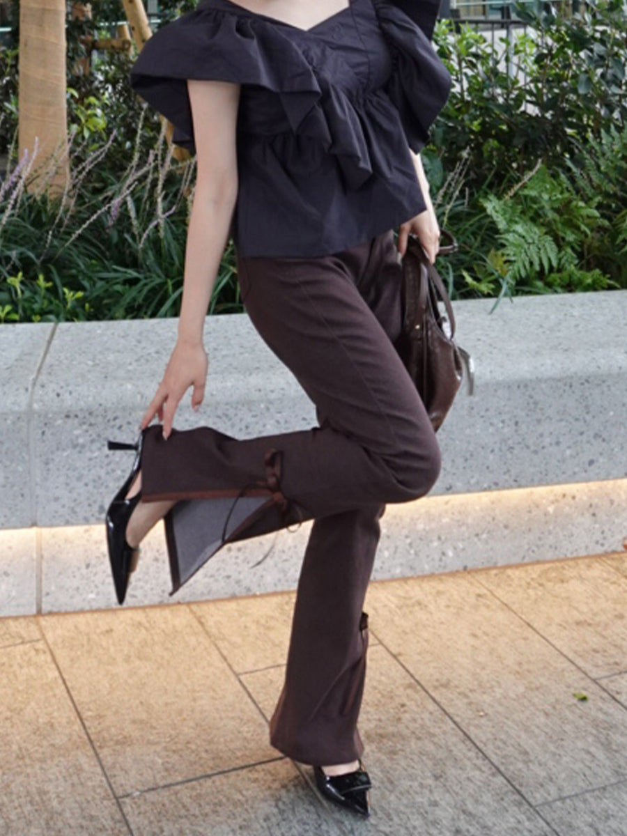 side slit denim ribbon pants