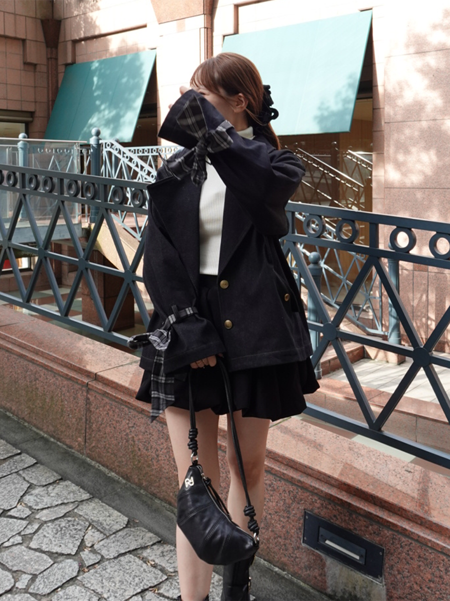 Check ribbon denim jacket