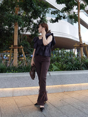 side slit denim ribbon pants