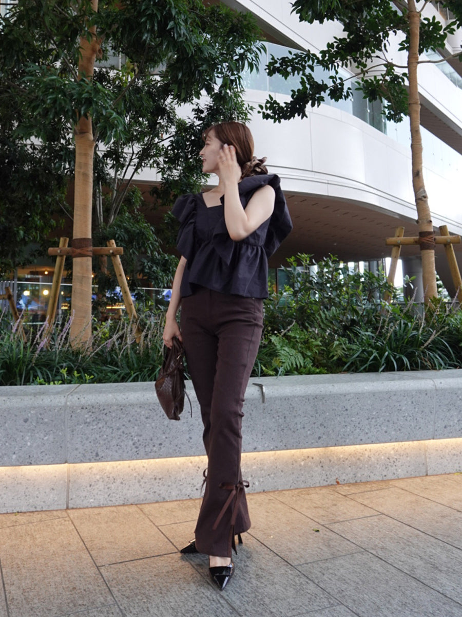 side slit denim ribbon pants